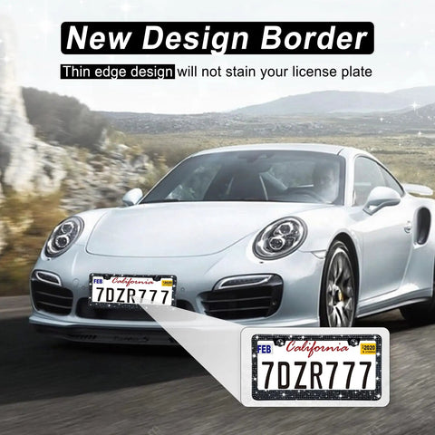 Two Pack Bling License Plate Frame For Women on sports car, rhinestone crystal, black finish, showing new thin edge design