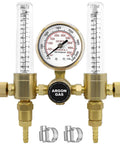 Dual Output Argon and CO2 Regulator Flowmeter for TIG and MIG Welders, 60 SFCH, with bottle gauge and fittings shown