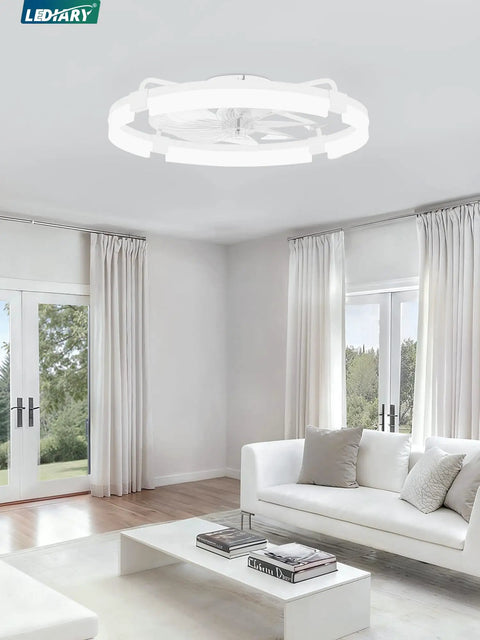 Straight Up Silent 24 Inch Low Profile Fandelier With App And Wireless Remote Dual Lighting Modes in modern living room.