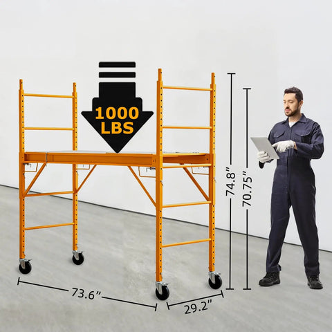 Heavy Duty Baker Style Rolling Steel Scaffold Built Like A Tank For 1000 Lb Loads with 5 inch wheels and height measurements