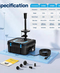 Specifications of 690GPH Submersible Pond Filter Pump With RGB LED Fountain Light, components and dimensions displayed
