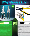 Comparison chart showing All In One Wire Stripper And Crimping Tool Set, 2 Pack Foldable Pliers versus generic pliers