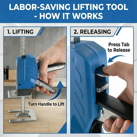 Blue labor-saving lifting tool with metal clamp and handle, shown lifting a vertical surface for DIY home repairs.