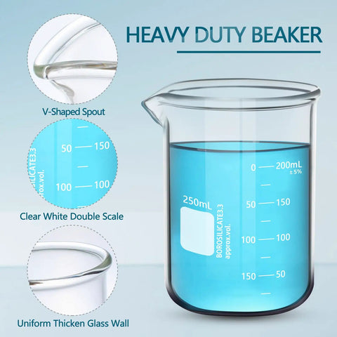Six Piece 250ml Borosilicate 3.3 Glass Beaker Set With White Double Scale Graduation Heavy Duty Low Form Lab Beakers Rock Solid
