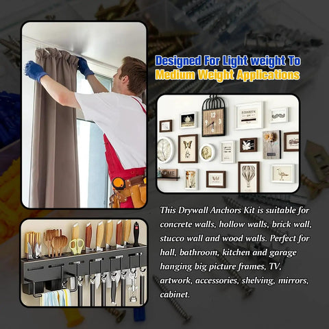 Heavy Duty Drywall Anchors Kit With Drill Bit Six Size Screw Assortment holding curtains, picture frames, and tools on shelves