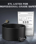 Heavy Duty 50 Foot Welder Extension Cord 40 Amp 8 AWG NEMA 6 50 3 Prong Heat Resistant For MIG TIG MMA Welders And Plasma Cutters Safe Reliable Outdoor Indoor Use coiled next to ETL certification document
