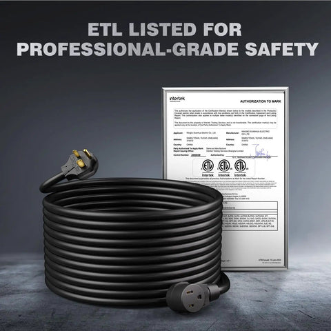 Heavy Duty 50 Foot Welder Extension Cord 40 Amp 8 AWG NEMA 6 50 3 Prong Heat Resistant For MIG TIG MMA Welders And Plasma Cutters Safe Reliable Outdoor Indoor Use coiled next to ETL certification document