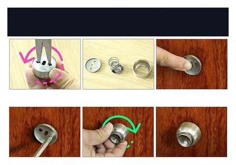 Heavy Duty Stainless Steel Magnetic Door Stops Catch For Wall Or Floor Mounting showing installation steps and components.