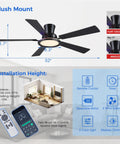 52 Inch Flush Mount Ceiling Fan With Built In Rgb Lights And Dimmable Warming Glow Featuring Brushless Reversible Motor With Six Adjustable Speeds And Low Profile Slim Frame, shown with dimensions and features.
