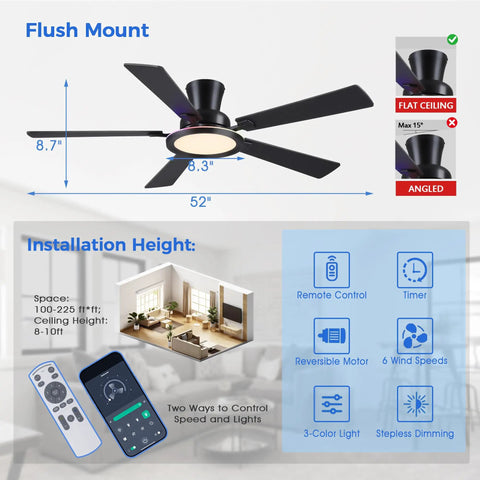 52 Inch Flush Mount Ceiling Fan With Built In Rgb Lights And Dimmable Warming Glow Featuring Brushless Reversible Motor With Six Adjustable Speeds And Low Profile Slim Frame, shown with dimensions and features.