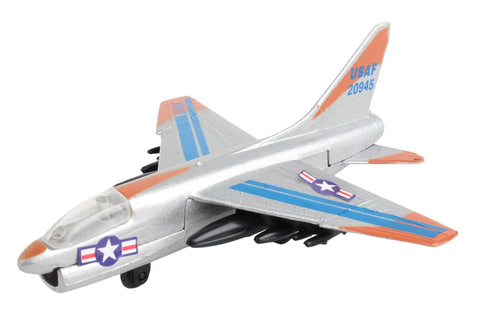 Runway24 A7 Corsair Die Cast Aircraft Toy with silver finish and military decals, angled view showing top and side details