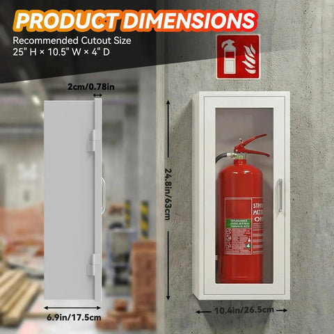 Sturdy Fire Extinguisher Cabinet For 10 Lb Extinguisher, Wall Mount Steel Enclosure For Indoor And Outdoor Use, showing front and side views