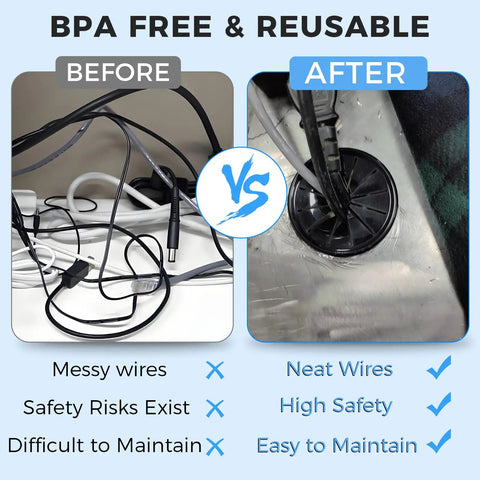 Before and after showing messy cables versus organized using an Eight Pack Cable Grommet Kit For Desks And Countertops, Snap In Round Nylon Grommets With Petal Shape, One And Three Quarter Inch Mounting Diameter, Fits 44.7 To 45 Mm Holes, Wires Through Countertop, Cord Organizer And Protection, Black.