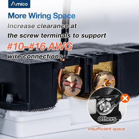 Close-up of 100 Pack 20 Amp 125 Volt Tamper Resistant Electrical Wall Outlets Heavy Duty Duplex Receptacles showing screw terminals and wiring space.