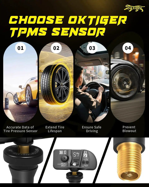 Straight Plug And Play 433 Mhz Tpms Tire Pressure Sensors Preprogrammed For Chevy Tahoe Silverado Cadillac Escalade Corvette Colorado 4 Piece Kit displayed with key features and sensor details.