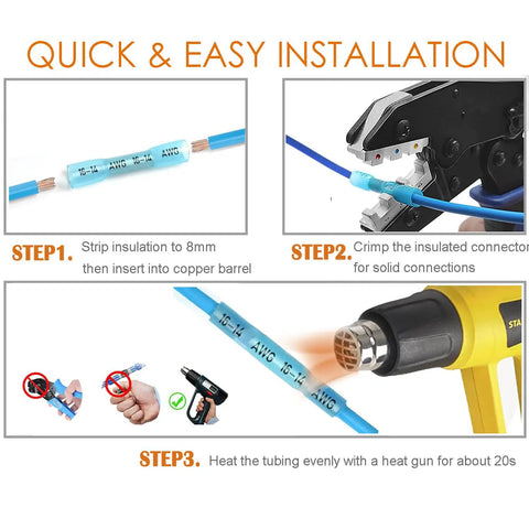 Step-by-step guide for using 110 Piece Heat Shrink Butt Connectors Kit For 26 To 10 Gauge Wire with crimping and heating tools.