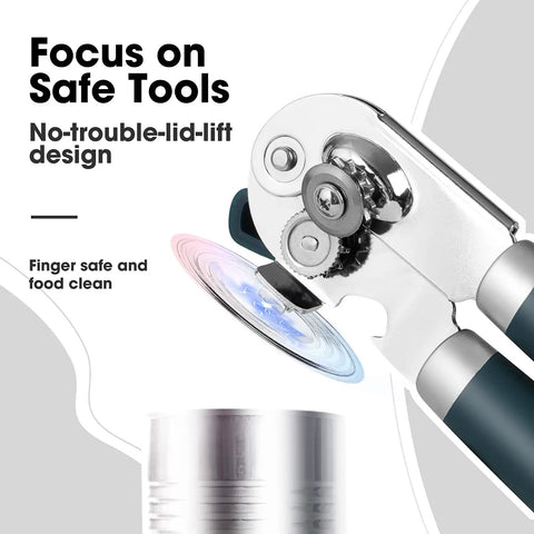 Heavy Duty Manual Can Opener With Magnetic Lid Opener And Carbon Steel Blade For Smooth Cutting in use with safe lid lift design