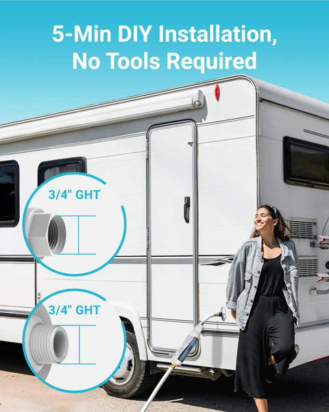 Campout Ready RV Inline Water Filter For Garden Hose And Camper Rig NSF Certified with KDF activated carbon, 5-min DIY installation.