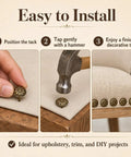 Easy installation steps for Top Shelf Antique Brass Upholstery Tacks Two Hundred Piece Set on furniture upholstery.