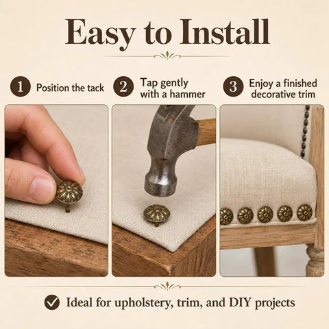 Easy installation steps for Top Shelf Antique Brass Upholstery Tacks Two Hundred Piece Set on furniture upholstery.