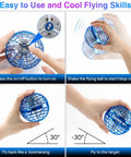 Steps to use Hand Controlled Flying Orb Ball Toy With RGB Lights, showing button, shaking, and flight angles, Blue.