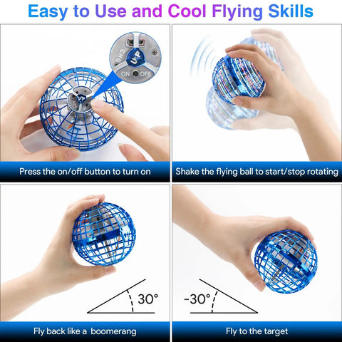 Steps to use Hand Controlled Flying Orb Ball Toy With RGB Lights, showing button, shaking, and flight angles, Blue.