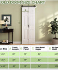 Two Panel Bifold Barn Door Set 30 By 84 Inches With Hollow Core MDF Molded Panels Primed Surface Ready To Paint, displayed in size chart.