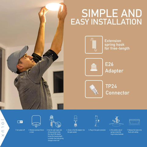 Man installing 5 To 6 Inch LED Retrofit Downlight With Spring Hook For Recessed Can Lights 12W 75W Equivalent Warm White 3000K