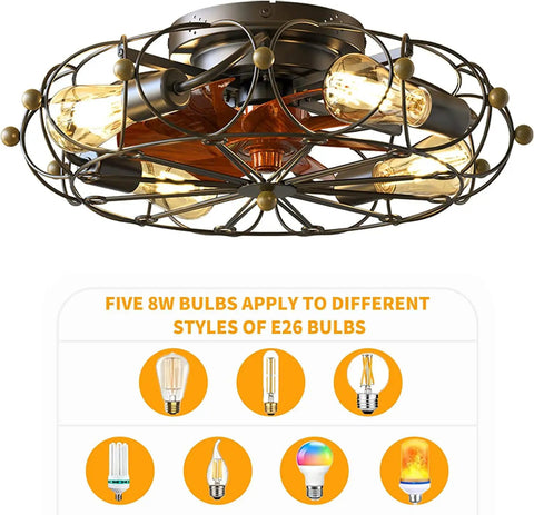Caged Ceiling Fan With Light And Remote Flush Mount Low Profile Farmhouse Modern Ceiling Fan Includes Bulbs 6 Speeds Reversible Blades Safety Ferris Wheel Cage Black.