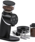 Talia Electric Coffee Grinder With 48Mm Titanium Plated Conical Burrs For Uniform Grinds, black body with touch control and coffee beans.