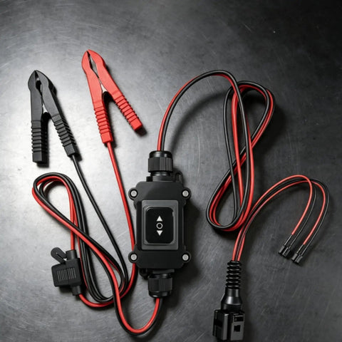 Top-Tier MotiveTech Vehicle Component Tester Set With Insulated Clips, Inline Switch, And Circuit Protector For Fast Auto Electrical Diagnostics In Your Garage Shop on metal surface.