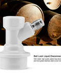 Ball Lock Liquid Disconnect Kit For Homebrew Kegs, white gas inlet with wood barrels background