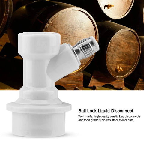 Ball Lock Liquid Disconnect Kit For Homebrew Kegs, white gas inlet with wood barrels background
