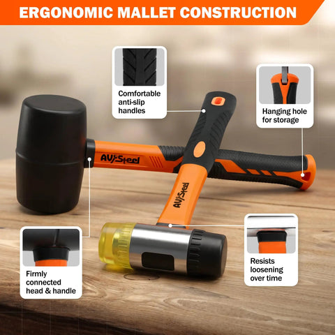 Two Pack Rubber Mallet Hammer Set With 16 Oz Soft Mallet And 33mm Double Faced Mallet Replaceable Heads on wooden surface