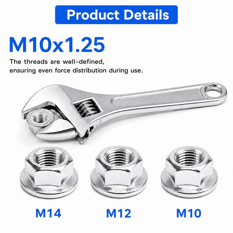 Top Shelf Hex Serrated Flange Lock Nuts 6 Pack M10 X 1.25mm Fine Pitch Metric Fasteners, adjustable wrench with M10, M12, M14 nuts.