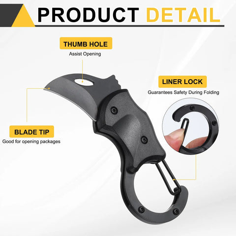 Detail of Two Pack Dope Everyday Carry Mini Folding Knife With Carabiners For EDC 3Cr13 Stainless Steel Blade 1.38 Inches showing features.