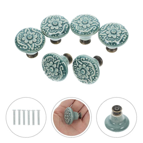 Antique Blue Ceramic Cabinet Door Knobs Set, Retro Style Single Hole Drawer Pulls displayed with decorative floral design