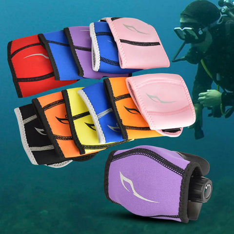 Various colors of neoprene and nylon diving regulator covers for second stage head shield, shown with scuba diver in background.