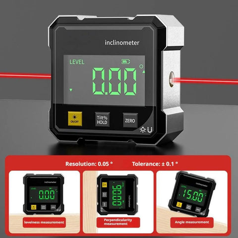 Ultra Precise Digital Angle Finder With Laser And Four Side Magnetic Base, LED Readout Inclinometer For Woodworking, Table Saw Miter Protractor, Level Box, Absolute And Relative Angle Measurements showing LED display and laser level