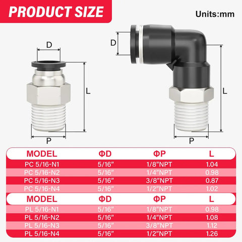 Five Sixteenths OD To One Quarter NPT Thread Male Elbow And Straight Quick Connect Air Fitting size chart