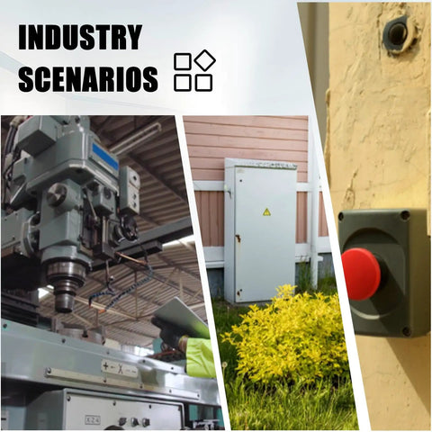 Industrial scenarios showing Emergency Stop Button Switch Cover Dustproof Safety Plastic Protector Lockout Cover Round Hole
