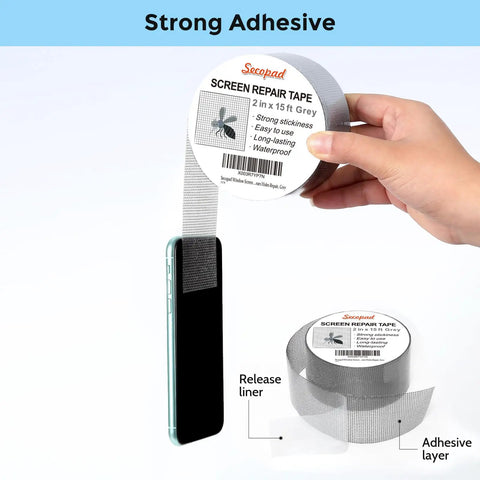 Window Screen Repair Tape 2In X 15Ft Fiberglass Patch Kit for Windows or Doors showing strong adhesive with hand applying tape.