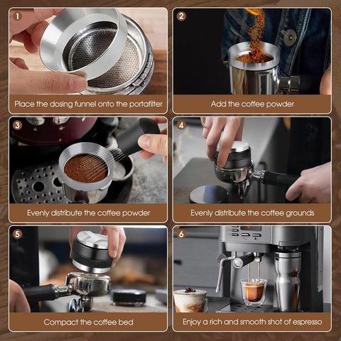 Process of using Espresso Accessories Kit 51mm For Delonghi And Other 51mm Machines with dual head distributor and tamper leveler.