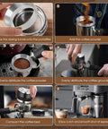 Six steps using 58mm Espresso Accessories Kit With 2 In 1 Distributor And Tamper Leveler WDT Tool and Dosing Funnel