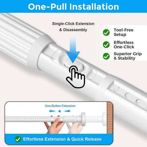 White No Drill Tension Curtain Rods Extends From 41 To 146 Inches with easy pull button for installation and adjustment.