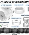 Diagram of 8 Ft Dryer Vent Hose Kit for Tight Spaces with 6 Layer Duct, 90 Degree Elbow Rubber Seal Connectors, Heat Resistant