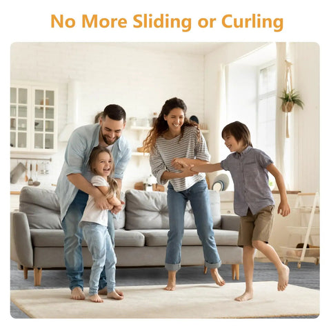 Family playing safely on rug with Non Slip Rug Grippers For Carpet And Hardwood Floors 12 Pack Ultra Strong Adhesive Mesh Rug Tape Pads