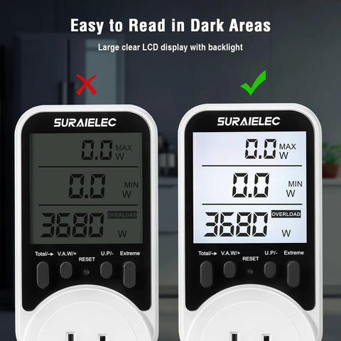 Outlet Watt Meter 90-250V Range Real Time Power Monitor For Home Use Tracks Watts Volts Amps Hz And Power Factor Records Max Min Power Cumulative Time And Energy In kWh No Brainer Automatic Cost Calculator For Easy Energy Savings. with backlit LCD