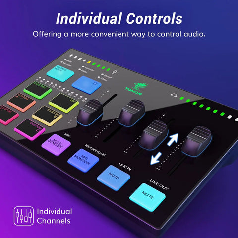 All In One Gaming Studio Audio Kit Pro USB Mixer with RGB Lights and individual control knobs for streaming.