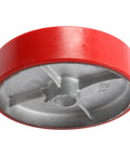 Badass Heavy Duty 8 Inch Industrial Caster Wheel showing red polyurethane tread and silver steel hub, designed for heavy loads.